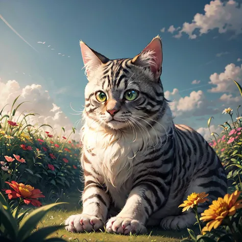 cute fluffy cat, grass, flowers