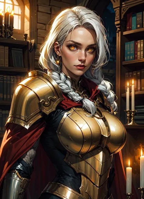 1girl, portrait of beautiful paladin lady, athletic, white hair, braid, yellow eyes, glowing eyes, golden armor, red cape, looking at viewer, castle indoors, candles, bookshelf, volumetric lighting, best quality, masterpiece, realistic