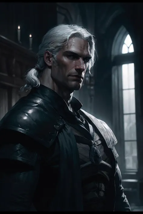 polaroid shot of henry cavill as withcer geralt of rivia, white hair, dark atmosphere, realisitc