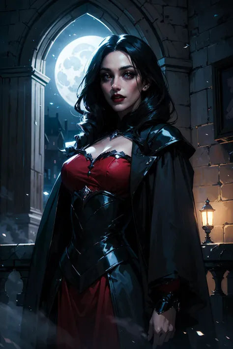 A vampire is seeking for blood ,nightcrawler, creature of the night, command with power, black, crimson and pale blue ,female, sweet, three quarter wiew, digital art