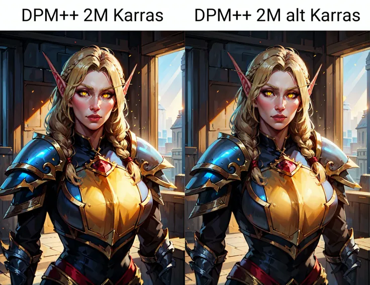 portrait of beautiful paladin shebelf, blonde, braid, glowing yellow eyes, heavy armor, temple indoors, window, sunlight, realistic <lora:sxz-blood-elves:0.6>