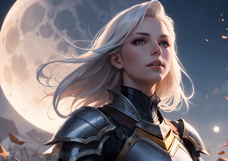 1girl, upper body of beautiful paladin in black armor, moon on sky, looking up, windblown white hair, night, particles, volumetric lighting, best quality, masterpiece, very detailed, trending on Artstation, realistic