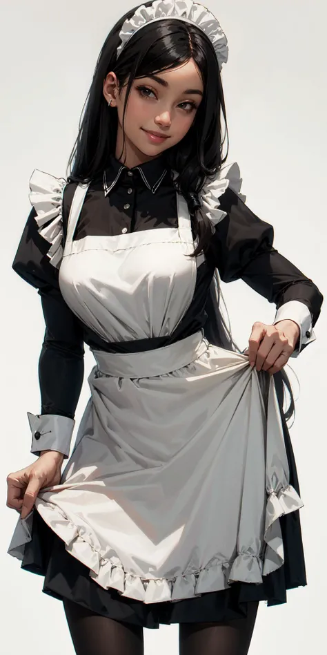 1girl, apron, apron lift, black dress, long hair, black legwear, dress, enmaided, long hair, long sleeves, looking at viewer, maid, maid apron, maid headdress, pantyhose, simple background, skirt hold, smile, solo, white apron, white background