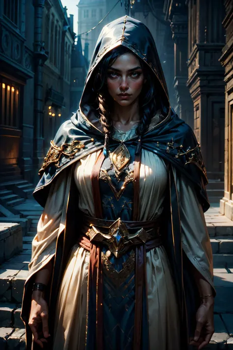 young,1girl,upper torso female human,(hyperdefined),wizard hooded robe,ebony skin,dreaded black hair,long hair,dramatic complex lighting,standing in village,(fine-details:1.2),high fantasy aesthetic,absurdres,fullscreen,coherent<lora:epi_noiseoffset2:1> <lora:add_detail:1>