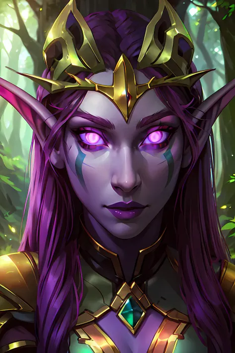 shenelf, woman, detailed, athletic, beautiful, purple skin, long hair, glowing eyes, face paint, light armor, forest, realistic <lora:sxzNightElvesWarcraft_sxzNightElves:0.65>