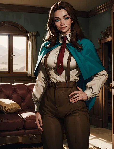 masterpiece, best quality, extreme detail,female,(Milly) standing in detailed room, long hair,tall, brown hair, blue eyes,collared shirt, hair intakes, red necktie, brown pants, closed trench coat, suspenders, (green capelet), medium breasts, smiling, closed mouth, door, table, window, desert, furniture, wardrobe, couch, hand on hip, 
 <lora:Milly-10V3:0.5>