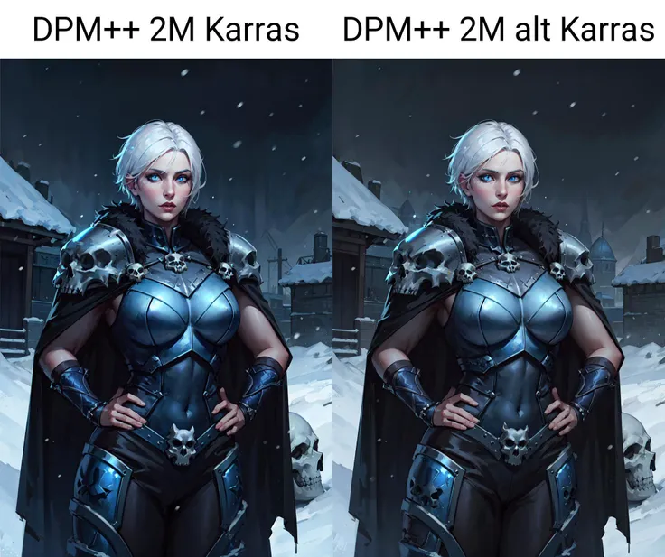 1girl, cowboy shot of beautiful wowdk, hands on hips, glowing blue eyes, skull armor, fur trim, pauldrons, black cape, short white hair, snow, ice, night, citadel, athletic, volumetric lighting, best quality, masterpiece, realistic, <lora:sxz-death-knight:0.6> <hypernet:sxz-bloom:0.6>