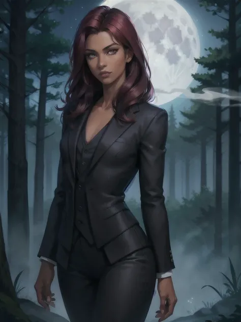 1girl, solo, wearing a black suit, black smoking, black tuxedo, black clothes,
old, mature, mature female human woman,
slim, athletic, dark skin,
long hair, burgundy dark red hair, amber eyes,
forest, full moon, night, small chest,
volumetric lighting, best quality, masterpiece, realistic, <lora:sxz BlizzardStyle:0.3>