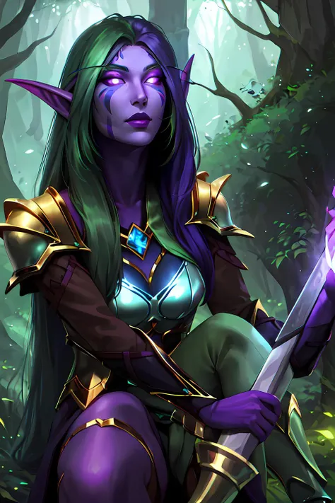 shenelf, woman, detailed, athletic, beautiful, purple skin, long hair, glowing eyes, face paint, light armor, forest, realistic <lora:sxzNightElvesWarcraft_sxzNightElves:0.65>