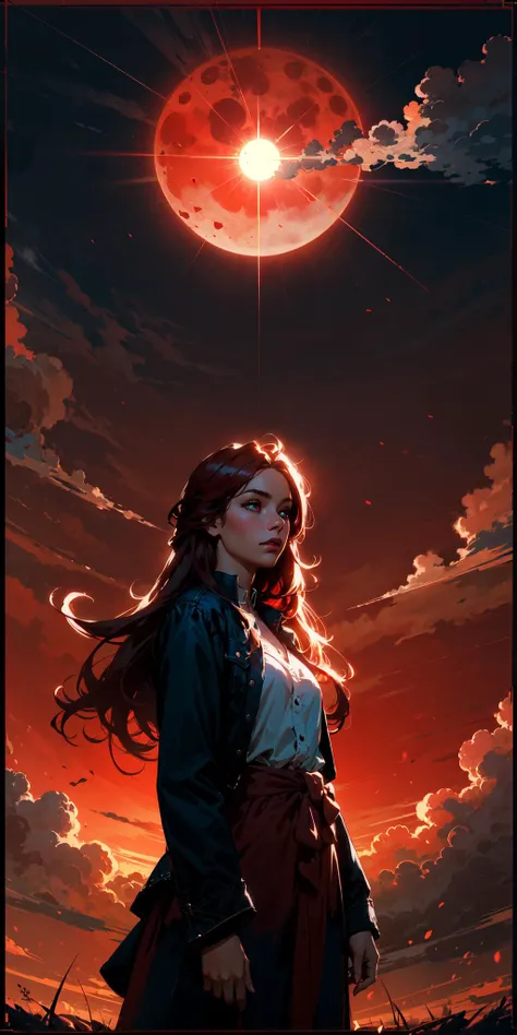 1girl, circle, cloud, full moon, long hair, red background, red moon, red sky, red theme, rising sun, silhouette, sky, solo, sun, sunburst,