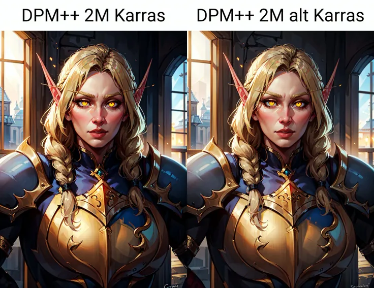 portrait of beautiful paladin shebelf, blonde, braid, glowing yellow eyes, heavy armor, temple indoors, window, sunlight, realistic <lora:sxz-blood-elves:0.6>
