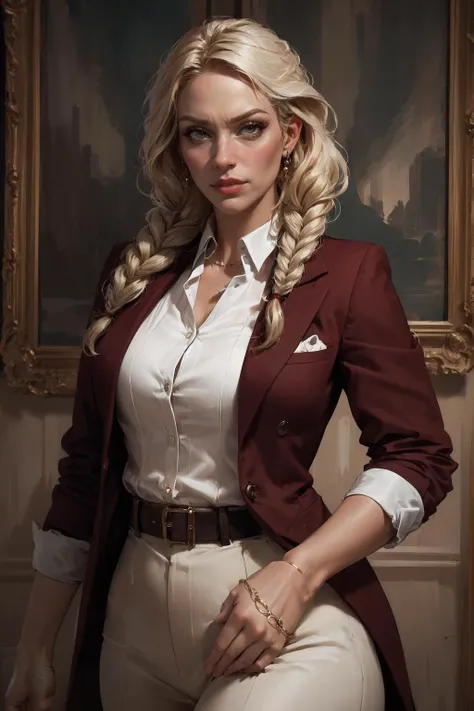 (unparalleled masterpiece:1.2, best quality),
ultra detailed, high quality, intrincate details,
high detailed skin, ((aesthetic)), cowboy shot of mature woman with blazer, nordic blonde, hair with braids, serious, red lips, thick lips
<lyco:GoodHands-beta2:1.45>