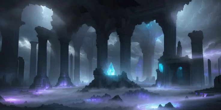 digital illustration of scenery, ruins, glowing crystal in center, clouds, dark atmosphere, caustics, volumetricl light, environment art