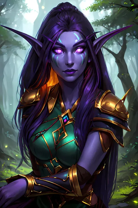 shenelf huntress, navy blue hair, (violet skin:1.1), moon, underboob, (ashenvale forest:1.2), (facepaint:0.9), long elf ears, glowing silver eyes, night <lora:sxz-night-elf-v3:0.7>
