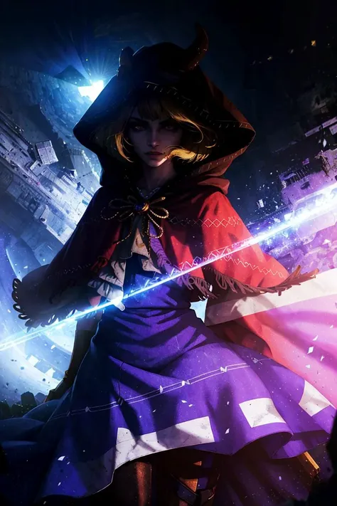 woman, arms outstretched, casting  vibrant (((colorful))) magic, (solar eclipse:1.3), planetfall, night, outdoors, earthquake, hellscape, apocalypse, doomsday, symetrical spiral horns:1.3, intense, , windswept, glowing eyes, shadow mage, bob cut, extravagant robe, cloak, hood down, gauntlets, medieval fantasy, volumetric lighting, best quality, masterpiece, photorealistic,  <lora:Style_LightandShadow-v1:0.9>