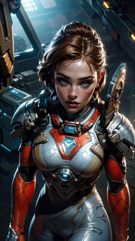 ((from above 1.5 close up ))portrait of a warrior space ship pilot, she is sitting a warplane, cowboy shot of pretty warrior very short hair, redhead sexy cut, with nose freckles, ,science fiction, (armor,cable, harness,),1girl,solo,, Classic Hollywood glamour, (best quality,masterpiece:1.3),(vivid colors,color full:1.1),(Highly detailed,ultra-realistic:1.2),extremely detailed CG unity 8k wallpaper, HDR,Ultrahigh HD Picture, dramatic, contrast of warm and cool tones,light source contrast, High quality texture,absurd, (full body:0.5),Ultra-Wide Angle,cinematic (beautiful detailed face:1.0),Realistic eyes,blue eyes, subsurface scattering, reflections, eflections,dusty sunlight, ray_tracing,(cinematic lighting,soft light, sharp),Soft,light particles, spaceship background, (Satisfaction,smug,charm:1.1),(beautiful image,beautiful,femme fatale,mature female,female supermodel:1.1),(lipstick,heavy makeup:1.3),beautiful lips, (skin texture,realistic skin,pale skin,extremely fine complexion,shiny skin:1.2), anatomically correct,(hourglass figure, perfect tits ,athletic,athletic body:1.3), XUER CYBERWARRIOR, <lora:detail_slider_v4:2> ,more detail, <lora:mechaarmor_v0.7:0.7>