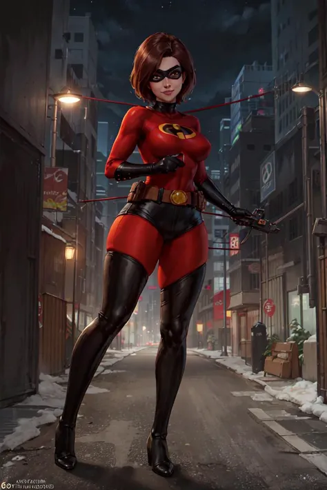 <lora:ElastigirlHelenParr:0.71> ElastigirlHelenParr, 
red_unitard, belt, black_thigh_boots, eye_mask, black_over-shorts, 
full_body, 
outdoors, (holding, slingshot), aiming_at_viewer, light_smile, shadow, metropolis, night,, (masterpiece:1.3), (best_quality:1.3), (ultra_detailed:1.3), 8k, extremely_clear, realism, (ultrarealistic:1.3),, 1girl, solo, wide_shot,, seductive_smile,