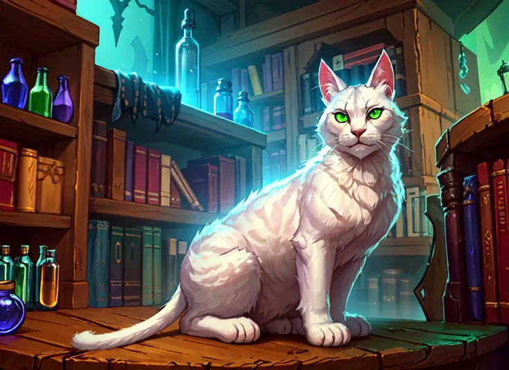 no humans, animal focus, white cat sitting on table, deep green eyes, fantasy witch house indoors, potion bottle, bookshelf, dark atmosphere, volumetric lighting, best quality, masterpiece, realistic <lora:sxz-blizz-new-2:0.8>