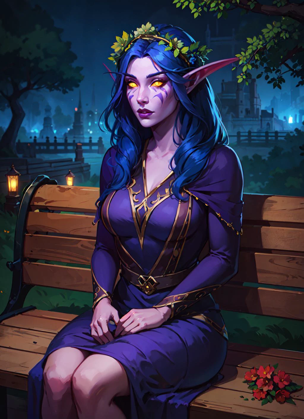 1girl, beautiful shenelf, purple skin, glowing yellow eyes, long blue hair, flower crown, facepaint, purple dress, medieval park, tree, wooden bench, dark atmosphere, athletic, volumetric lighting, best quality, masterpiece, realistic, <lora:sxz-night-elf-v3:0.8>