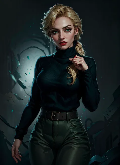 1girl, cowboy shot of beautiful sinclair, black sweater, green pants, belt, dark background, looking at viewer, volumetric lighting, best quality, masterpiece, <lora:sxz-helga-sinclair-v6:0.7>