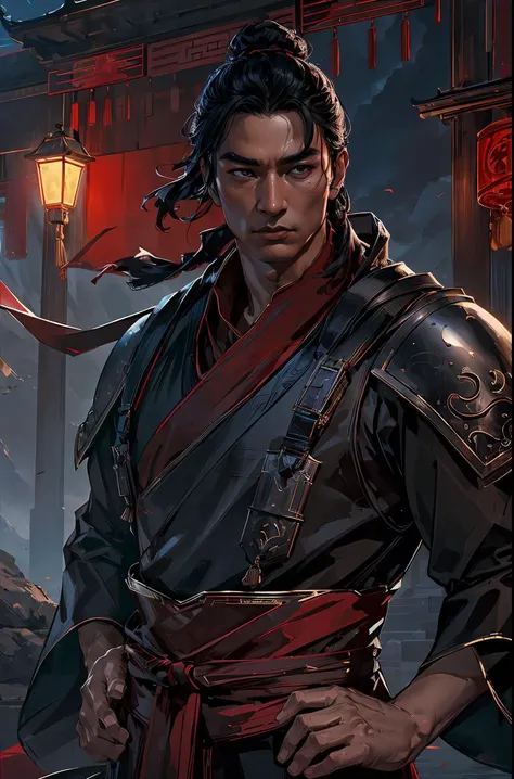 detailed cosmic dark black eyes, [lau_tak_wah:1.2|chow_yun_fat:1.2], male_focus, chinese_clothes, top_knot, han_armor, (short hair:1.1), (hands_on_hip) (windy:1.3)
low key, ultra realistic 8k cg, picture-perfect face, flawless, clean, masterpiece, professional artwork, famous artwork, cinematic lighting, cinematic bloom, highly detailed, unreal engine, studio quality, sharp jawline