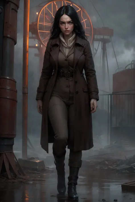 (unparalleled masterpiece:1.2, best quality),
ultra detailed, high quality, intrincate details,
high detailed skin, ((full body)), cinematic, standing, young woman in brown overcoat, long black hair, serious, fearless, confident, abandoned amusement park, rust, rusty ferris wheel, post apocalyptic, gloomy weather, heavy atmosphere, rain, ((night))
<lyco:GoodHands-beta2:1.45>