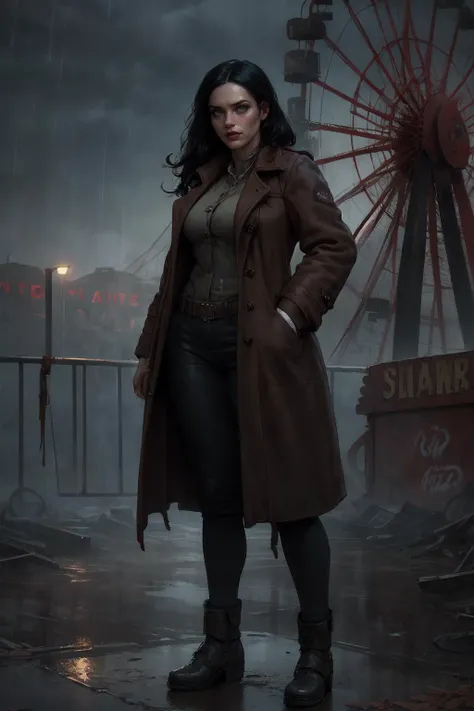 (unparalleled masterpiece:1.2, best quality),
ultra detailed, high quality, intrincate details,
high detailed skin, ((full body)), cinematic, standing, young woman in brown overcoat, long black hair, serious, fearless, confident, abandoned amusement park, rust, rusty ferris wheel, post apocalyptic, gloomy weather, heavy atmosphere, rain, ((night))
<lyco:GoodHands-beta2:1.45>