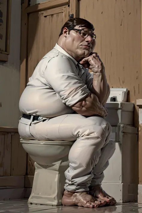 masterpiece, best quality, highres, 8k, a man waiting in distressm wearing pajama, sitting on toilet, <lora:TheGooder_Peter_Griffin3-1:0.8> peter griffin, fat man,  from side <lora:The_thinker-10:0.7> the thinker