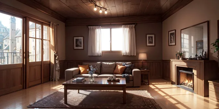 no humans, scenery, nsanely detailed wide angle architecture photography, cozy contemporary living room, intersting lights and shadows, award-winning contemporary interior design, best quality, masterpiece, realistic