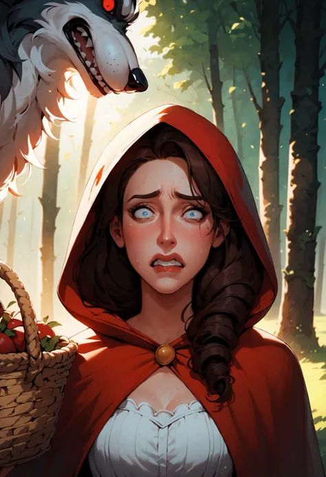 (best quality, masterpiece:1.2), 1girl, running, scared face, wearing red cape, torn clothes, white skirt, long hair, ((scars on clothes)), blood, in the forest, lighting storm, ((fog)), (((monster in the background))), 4k res, 8k, higly detailed textures, intricate details, photoreal, <lora:add_detail:0.8>,