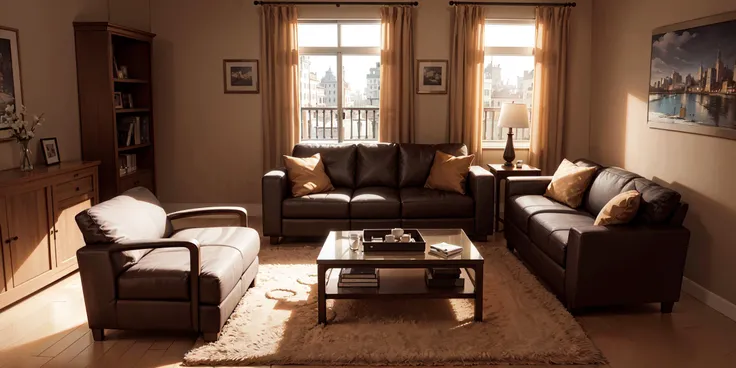 no humans, scenery, nsanely detailed wide angle architecture photography, cozy contemporary living room, intersting lights and shadows, award-winning contemporary interior design, best quality, masterpiece, realistic
