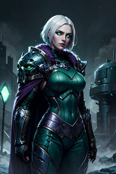 1girl, cowboy shot of wowdk, glowing green eyes, green skull armor, fur trim, pauldrons, torn purple cape, short white hair, green ghost, undead, night, citadel, athletic, volumetric lighting, best quality, masterpiece, realistic, <lora:sxz-death-knight:0.8>