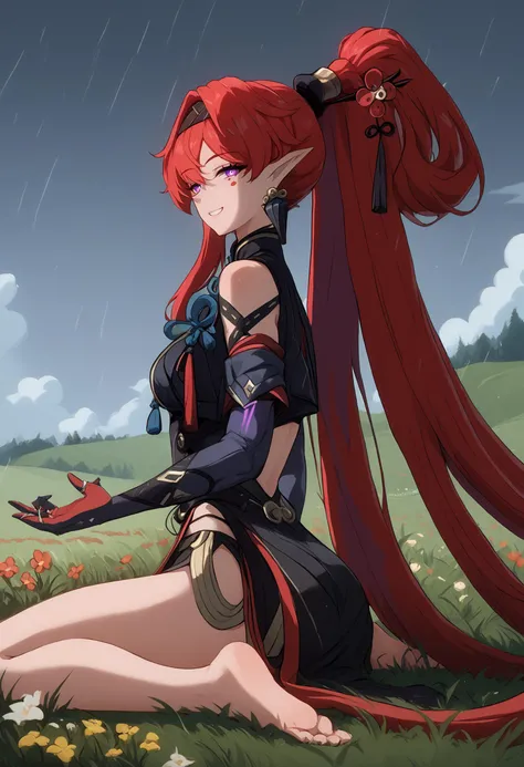 score_9, score_8_up, score_7_up,  BREAK solo, 1girl, looking at viewer, cowboy shot,
<lora:YinlinDorav3PdxlDwnsty:1>, yinlin_dora, purple eyes, red hair,very long hair, thick hair, hair intakes, single earring, hair pin, high ponytail, folded ponytail, black hairband, pointy ears, circle facial mark, rings, black dress, clothing cutout, pelvic curtain, side slit, black shorts, micro shorts, gloves, elbow gloves, two-tone gloves, glowing, lightningwires, wire, 
medium breasts, smile, wariza, w sitting, on ground, from side, ass, <lora:Wariza__Concept_Lora:1>,
grass, cloudy sky, flower field, clouds, outdoors, rain,