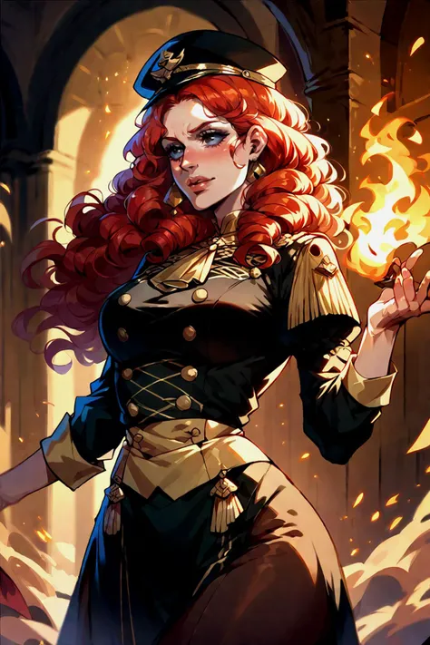score_9, score_8_up, score_7_up, fire_emblem:_three_houses, a mature female, fourty-something, curvy, belly, wide hips, thick thighs, black eyes, red hair, curly hair, garreg mach monastery uniform