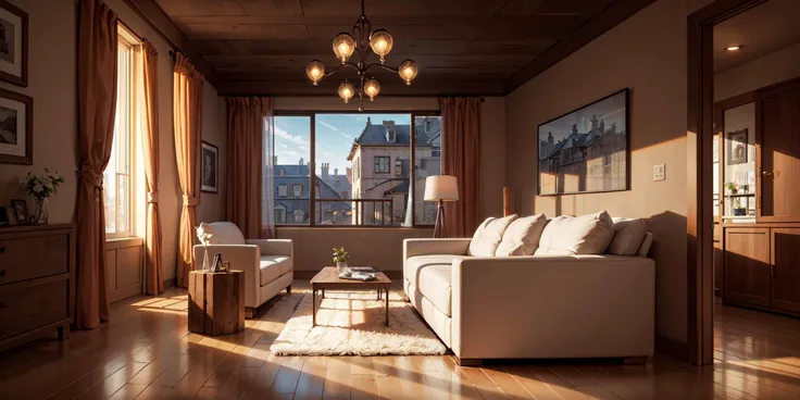 no humans, scenery, nsanely detailed wide angle architecture photography, cozy contemporary living room, intersting lights and shadows, award-winning contemporary interior design, best quality, masterpiece, realistic
