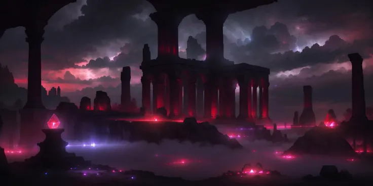 scenery, ruins, glowing red crystal in center, clouds, night, dark atmosphere, caustics, volumetricl light, particles, very detailed