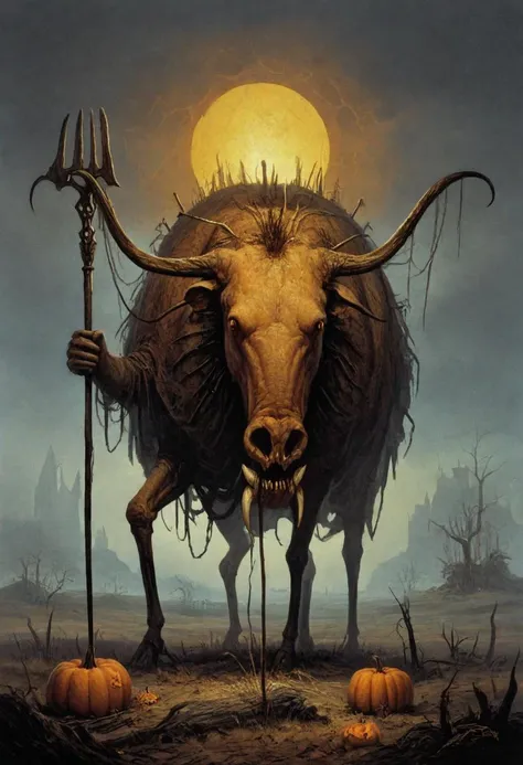 score_9, score_8_up, score_8, ultra detailed, Dark Fantasy Art, Dark Moody Atmosphere, A menacing pumpkin-headed scarecrow looms in a moonlit cornfield, wielding a rusted pitchfork. Eerie orange light flickers within its carved grimace. Tattered robes billow in the autumn wind. Mystical runes glow on its straw-stuffed body, evoking ancient harvest rituals., dramatic, mysterious, dark moody atmosphere, dark, moody, dark fantasy style