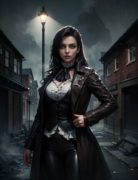 1girl, cowboy shot of woman, athletic, long leather coat, glowing eyes, victorian town outdoors, dark atmosphere, fog, mist, volumetric lighting, best quality, masterpiece