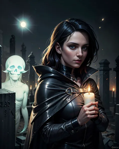 masterpiece, best quality, horror, portrait of a beautiful woman in leather cape, holding single candle in hand, nervously looking around, (barely visible ghost spirits flying around:1.2), at night graveyard, matching eyes, art by greg rutkowski