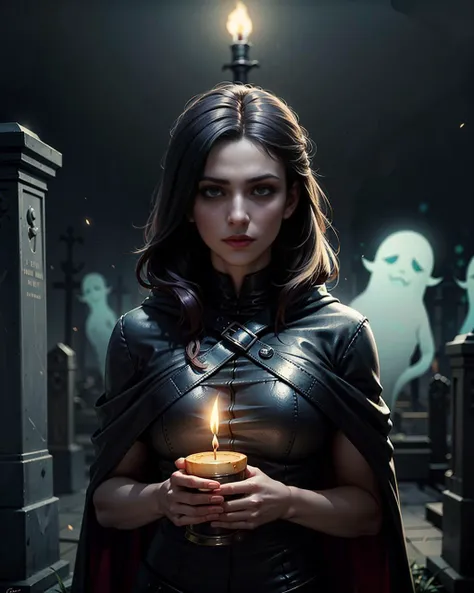 masterpiece, best quality, (horror:1.2), portrait of a beautiful woman in leather cape, holding single candle in hand, nervously looking around, (barely visible ghosts flying around:1.2), at night graveyard, matching eyes, art by greg rutkowski