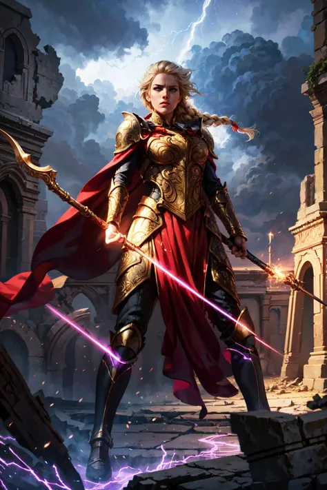 magv1ll, paladin lady in ornate black armor, red cape, blonde, braid, holding spear, magic, glowing, particles, ruins, night, storm<lora:sxz-mtg:0.7>