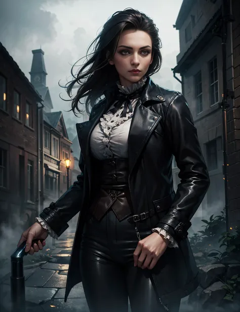 1girl, cowboy shot of woman, athletic, long leather coat, glowing eyes, victorian town outdoors, dark atmosphere, fog, mist, volumetric lighting, best quality, masterpiece