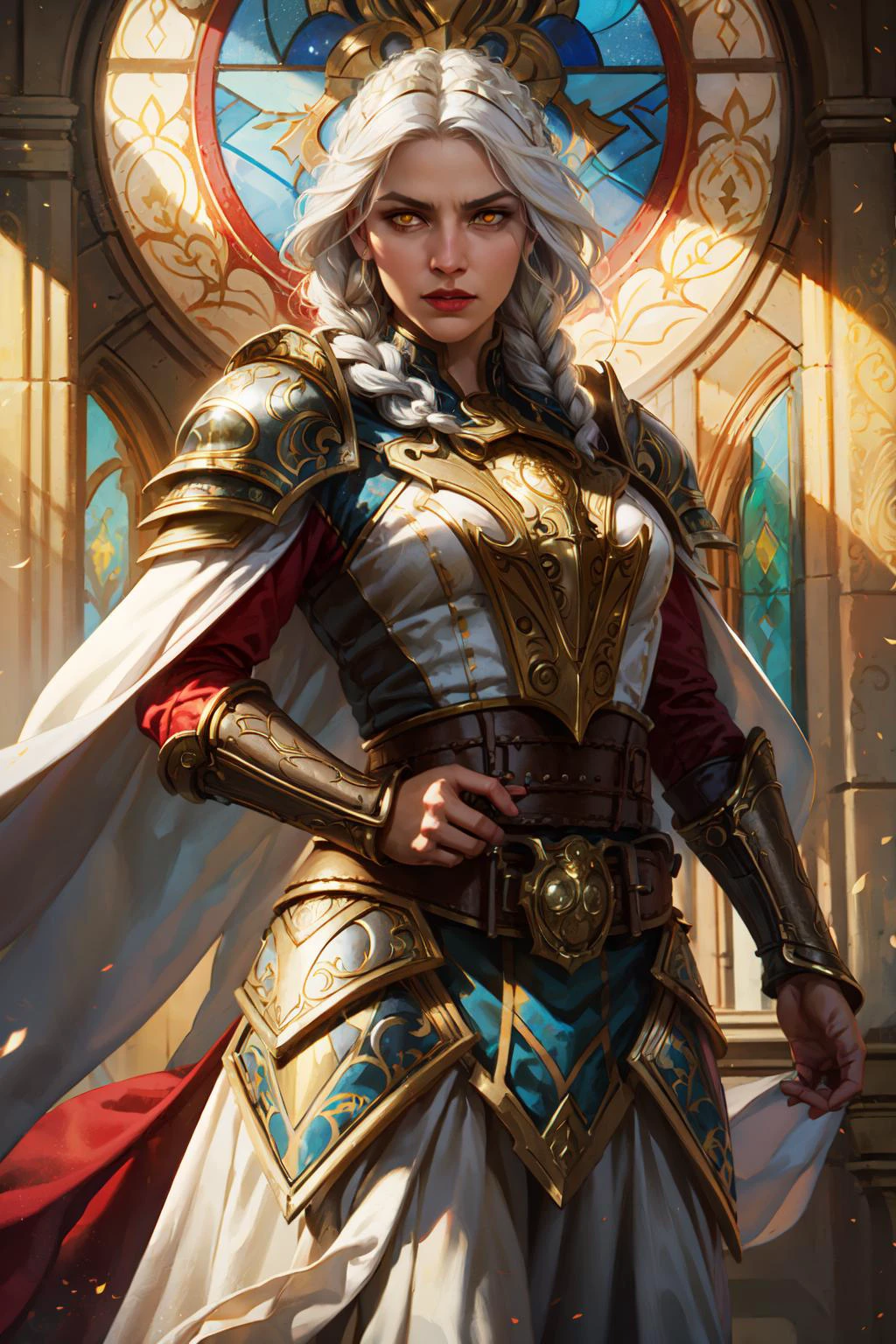 magv1ll, cowboy shot of paladin lady, ornate armor, ornate pauldrons, belt, glowing yellow eyes, white hair, braid, red cape, temple indoors, stained glass, particles <lora:sxz-mtg:0.7>