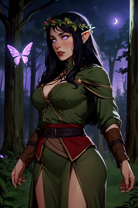 ch3rryg1g, cowboy shot of beautiful elf girl, black hair, purple glowing eyes, head wreath, forest, night, glowing butterflies <lora:sxz-cherry-gig-new:0.7>