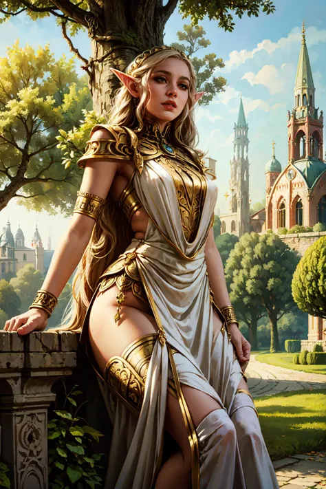 magv1ll, beautiful elf lady in royal ornate white dress, medieval city park, tree, fantasy<lora:sxz-mtg:0.7>