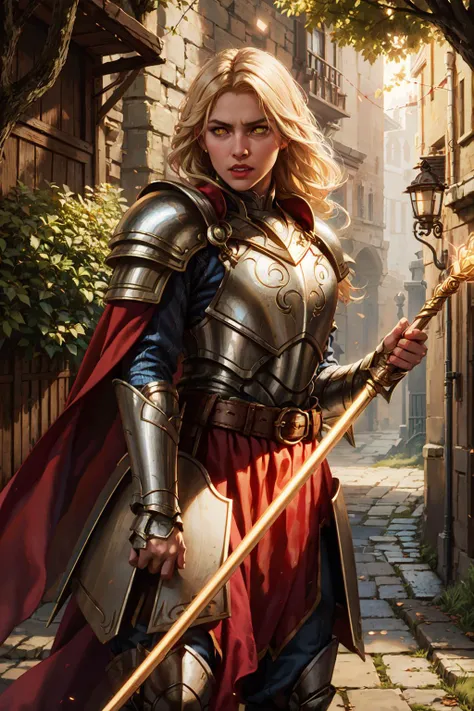 magv1ll, cowboy shot of blonde paladin girl in plate armor, holding spear, belt red cape, glowing yellow eyes, medieval alley, tree, fantasy, particles <lora:sxz-mtg:0.7>