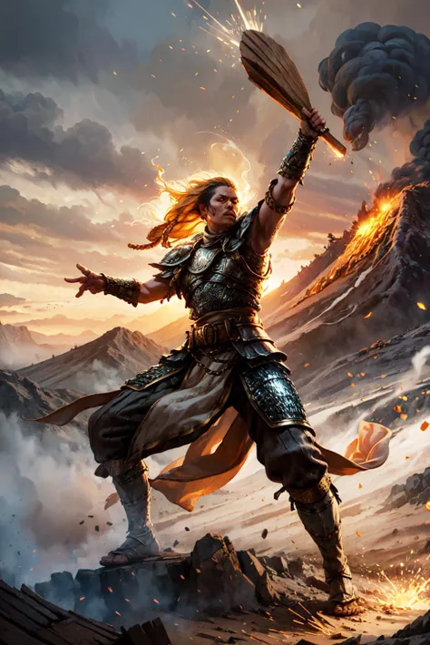 magv1ll, shaman in chainmail armor, belt, dynamic pose, wooden totem, particles, glowing, volcano, wind, fog <lora:sxz-mtg:0.7>