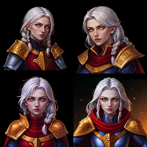 2dicon portrait of beautiful paladin lady in ornate golden armor, red cape, pauldrons, white hair, braid, glowing yellow eyes <lora:sxz-2dicon:0.7>
