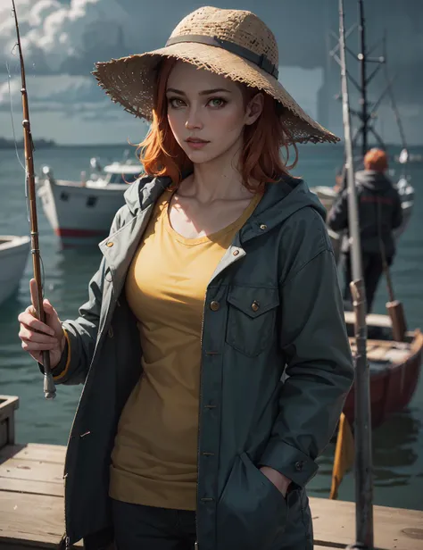 (masterpiece:1.2), best quality, photo of beautiful female fisherman, gingerhair, 40yo, wearing yellow raincoat, yellow bucket hat, (on fishing boat:1.3), open sea, dark clouds, Photorealistic, Hyperrealistic, Hyperdetailed, analog style, hip cocked, demure, low cut, detailed skin, matte skin, soft lighting, subsurface scattering, realistic, heavy shadow, masterpiece, best quality, ultra realistic, 8k, golden ratio, Intricate, High Detail, film photography, soft focus