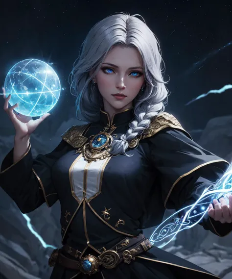 fantasy setting, sharp focus, high quality photo of beautiful nordic mature woman,magician , wearing black clothes with silver tracery, white single braid hair, confident look, rising ((magic staff with shining sphere atop)), glowing runes flying around, jewelry, detailed eyes, low body-fat, cinematic lighting, highly detailed, (matching eyes:1.2), fully body photo, epic pose, night sky background, art by charlie bowater